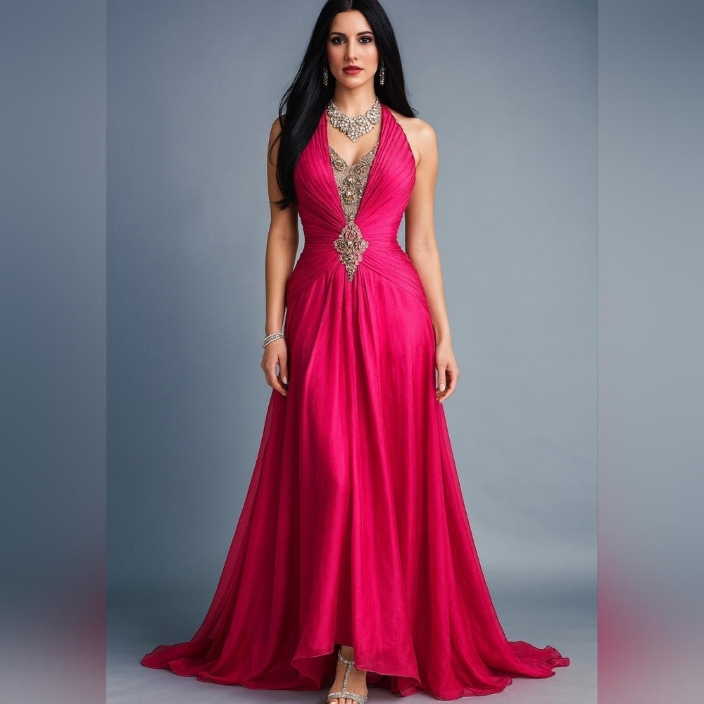 Elegant Pink Evening Gown. Beaded And Pleated Detail. Prom. Size 8